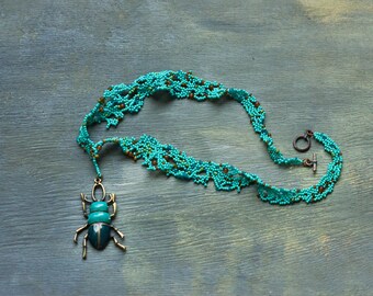 Scarab Necklace, Beadwork Necklace, irregular shaped necklace, Freeform Beading, Turquoise Green Bug Pendant Necklace, bright jewels