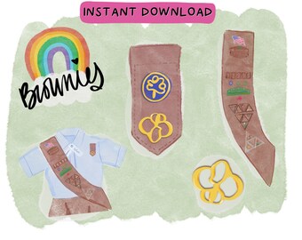 Brownie éclaireuses mignon Clipart aquarelle - ceinture de brownie, uniforme de brownie, arcs-en-ciel PNG
