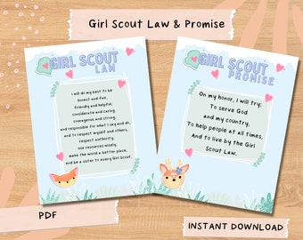Daisy Brownie Cadette Girl Scout Law  and Girl Scout Promise Printable US Letter Cute  Art Sign Poster PDF