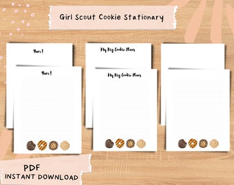 Può includere: Stazionaria per biscotti Girl Scout stampabile con il testo "My Big Cookie Plans" e "Yum!" su tre fogli diversi. Ogni foglio ha un'area rigata per scrivere e una fila di immagini di biscotti Girl Scout in fondo.