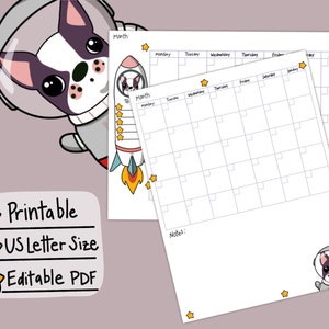 Lindo Kawaii Space Dog US Letter 8.5" x 11" pdf editable sin fecha Diseño del kit de planificación imprimible digital mensual/semanal/diario
