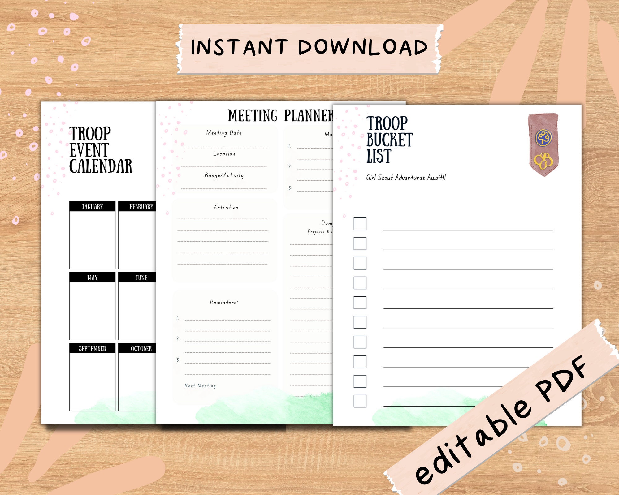 Girl Scout Troop Leader Starter Kit Binder Cute Minimal Watercolor W ...