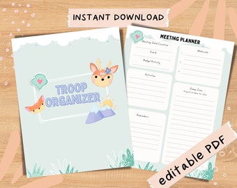 Könnte beinhalten: Ein druckbarer PDF-Planer für Truppenorganisatoren. Das Cover zeigt einen hellblauen Hintergrund mit einem weißen Rand, einen Fuchs, ein Reh und Berge. Der Text "TROOP ORGANIZER" befindet sich in einem weißen Feld. Die Innenseite ist ein Meeting-Planer mit Abschnitten für Datum, Snack, Abzeichen/Aktivität, Materialien, Aktivitäten, Erinnerungen und eine Ablagezone.