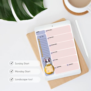 Könnte beinhalten: Ein digitaler Wochenplaner mit einem niedlichen Cartoon-Hund, der einen Raumanzug trägt. Der Planer hat eine To-Do-Liste, einen Bereich für Notizen und einen Kalender für jeden Tag der Woche. Der Planer ist für die Verwendung im Querformat konzipiert.