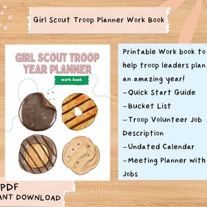 Cuaderno de trabajo imprimible para el planificador anual de líderes de tropa de Girl Scouts con guía de insignias gratuita