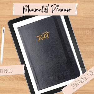 May include: A black leather-bound planner with a gold 2023 inscription on a tablet screen. The planner is labeled "Minimalist Planner" and "Hyperlinked Editable PDF".
