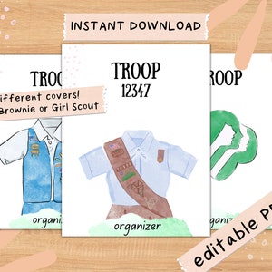 Carpeta de kit de inicio para líder de tropa de Girl Scouts. ¡Acuarela minimalista y bonita con guía de insignias gratis! Creada por una líder de tropa. PDF imprimible y editable.