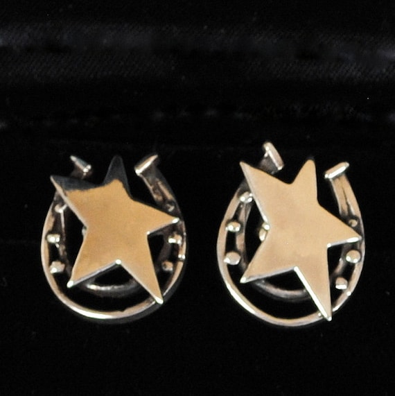 Sterling Silver Stars Earrings with Lucky Horsesh… - image 2