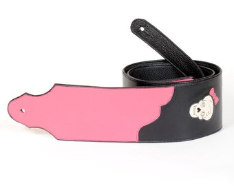 Skull Guitar Strap in Black & Pink Leather with Skulls