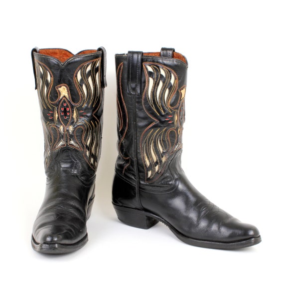 Vintage Acme Black Cowboy Boots With Fancy Inlaid… - image 1
