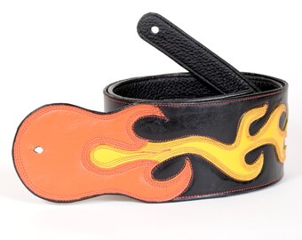 Handmade Black Leather Guitar Strap with Flames