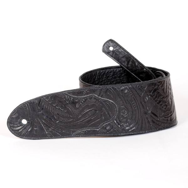 Handmade Ergonomic Guitar Strap Black Embossed Leather