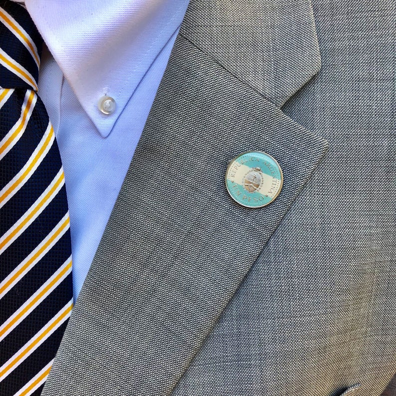 Enamel Pin Hand Painted Argentina 25 Peso Enamel Coin Lapel Pin Painted Country Flag Colors Pride Tie Tack Currency Light Blue White Enamel