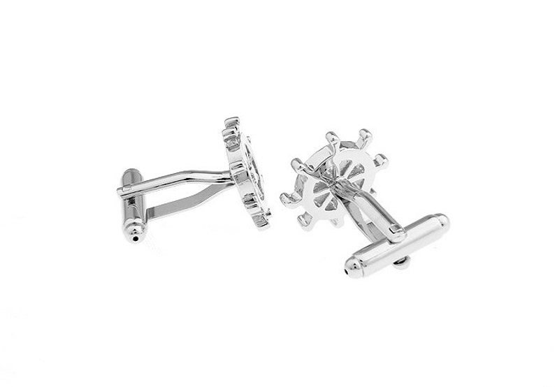Boat Ship Steering Wheel Cufflinks Vintage Silver Tone Antique Look Cut Out Ship Cuff Links