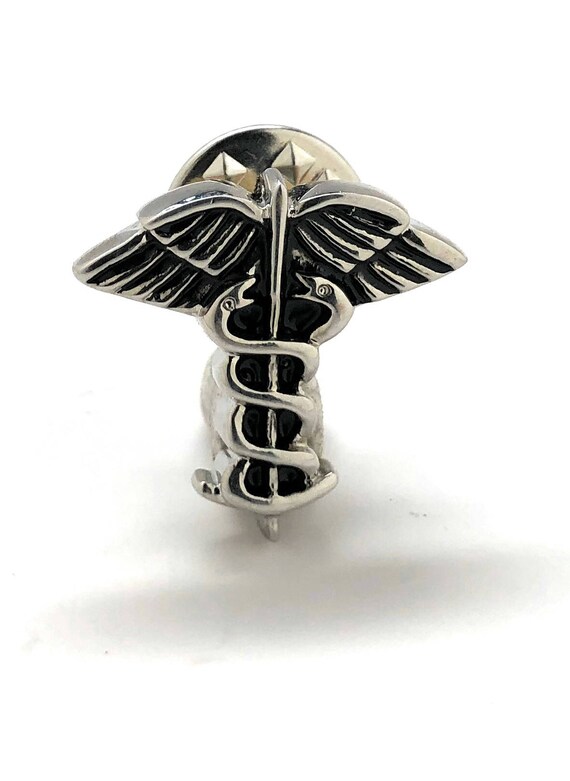 Enamel Pin Medical Caduceus Lapel Pin Silver Tone and Black Enamel Medical Doctors Students Vets  3-D Tie Tack Comes with Gift Box