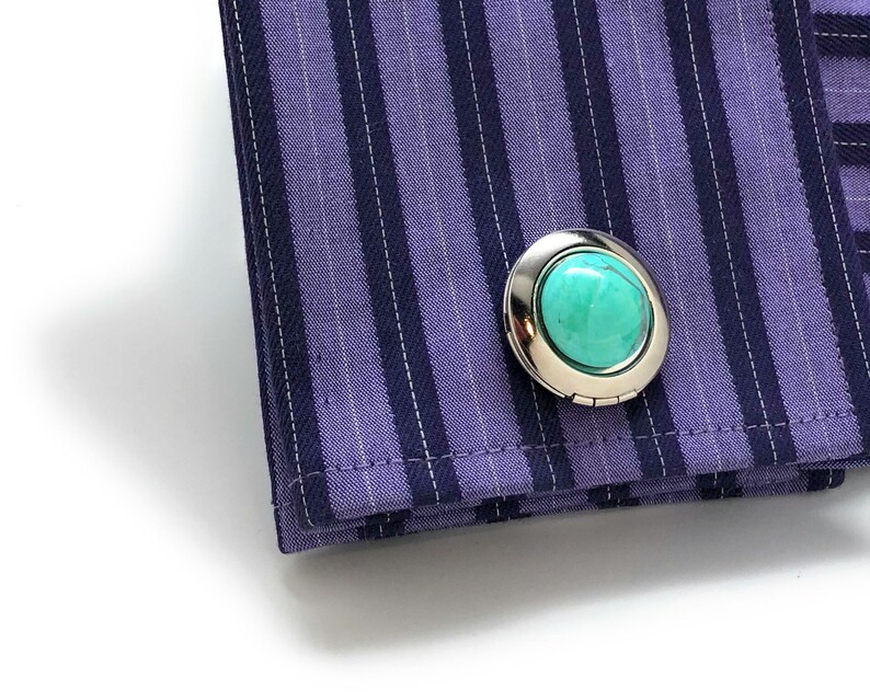 Turquoise Locket Cufflinks Jewelry Silver Tone Round Oval Cuff Links