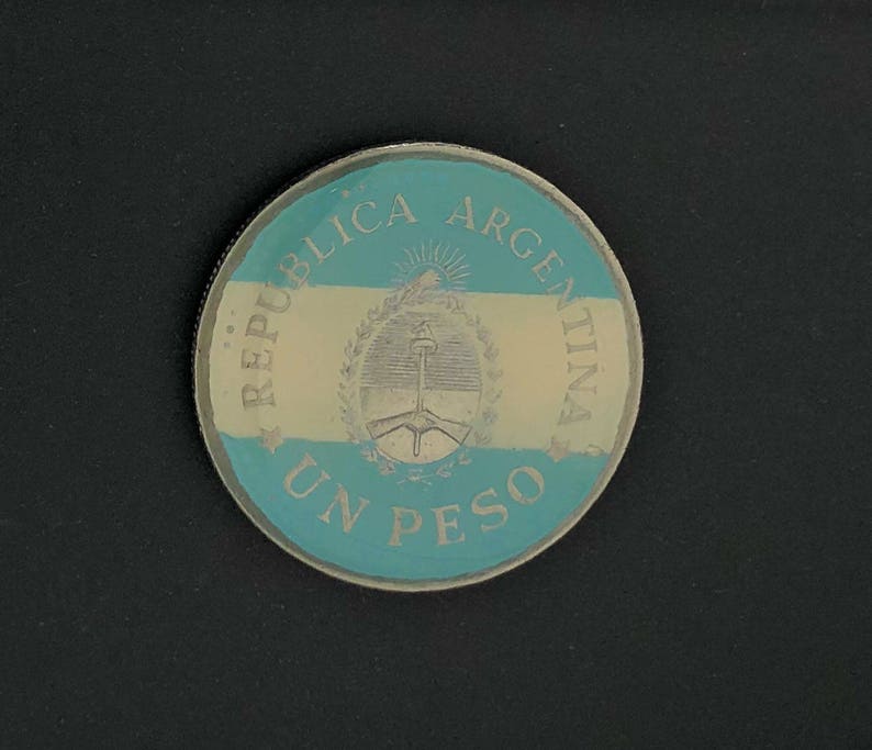 Enamel Pin Hand Painted Argentina 25 Peso Enamel Coin Lapel Pin Painted Country Flag Colors Pride Tie Tack Currency Light Blue White Enamel