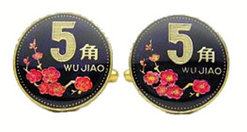 Enamel Cufflinks Hand Painted China Enamel Coin Jewelry Black Enamel Red Lucky Flowers Chinese Nature Coins Cuff Links Keepsake Cool Unique