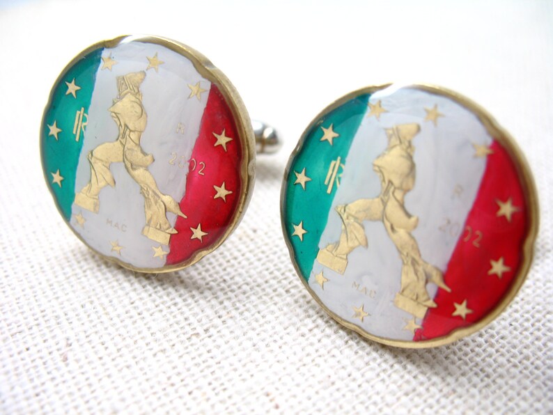 Enamel Cufflinks Italy Statue Flag Green Red White Premium Hand Painted Enamel Coin Jewelry Cuff Links Italian Cufflinks Comes with Gift Box