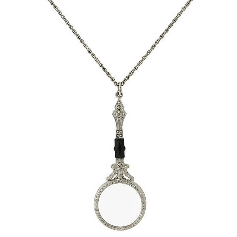 Magnifier Necklace Vintage Silver Tone Black Onxy Accent Magnifing Glass Necklace