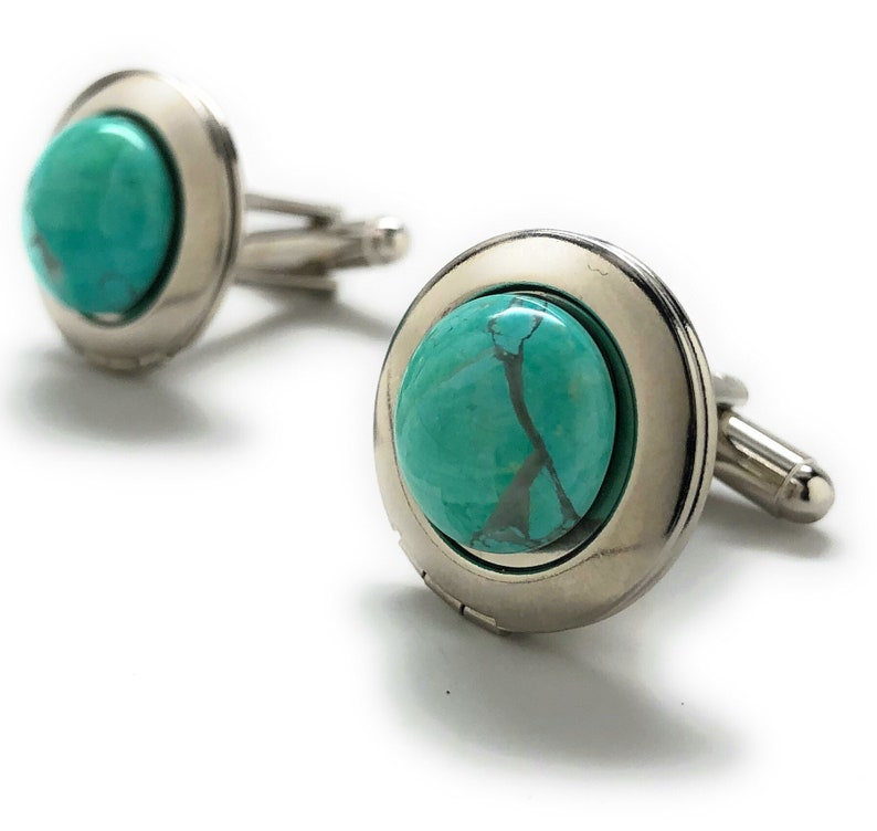 Turquoise Locket Cufflinks Jewelry Silver Tone Round Oval Cuff Links