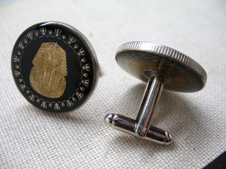 Enamel Cufflinks Egypt Cufflinks Black Pharaoh Hand Painted Enamel Coin Jewelry Egyptian Cuff Links Enamelled Coin Cufflinks with Gift Box