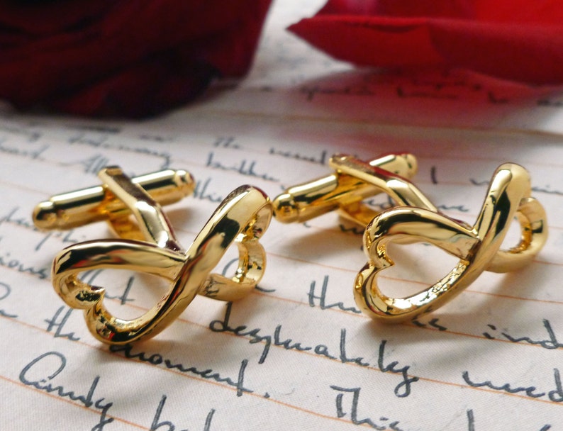 Infinity Heart Knot Cufflinks Symbol Big Gold Tone Solid Post Cuff Links Great for Weddings Groom Father Bride Anniversary with Gift Box