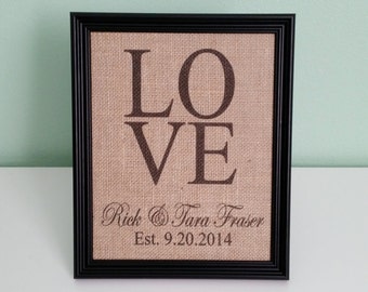 Burlap Print - LOVE with names and established date - Customizable - Personalized - Wedding - Anniversary - 8.5 x 11 - Burlap ONLY