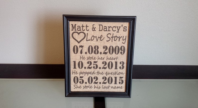 Framed Burlap Print Important Date Frame Our Love Story Stole his last name Anniversary Customizable Dates Family 8x10 image 4