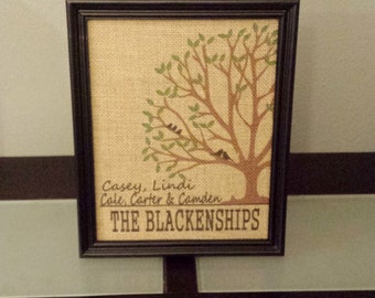Framed Burlap Print - Tree With Birds - Customizable - Personalized - Wedding - Anniversary - Housewarming - Gift - Family- 8x10