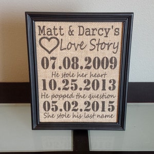 Framed Burlap Print Important Date Frame Our Love Story Stole his last name Anniversary Customizable Dates Family 8x10 image 1