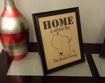 Burlap Print - Home is Where The Heart Is - Any State - Customizable - Personalized - Wedding - Housewarming - 8.5 x 11 - Burlap ONLY