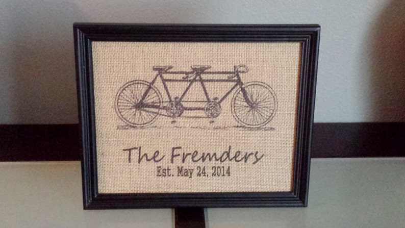 Tandem Bike Monogram with Name and Wedding Date Customizable Wedding 8x10 Burlap Frame Print Anniversary Personalized