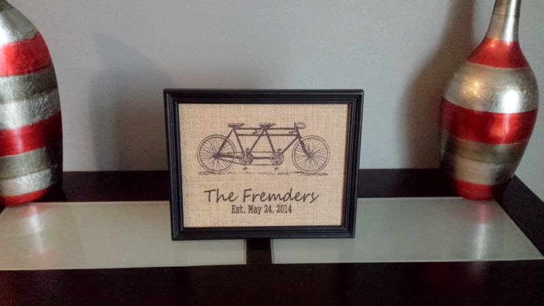 Tandem Bike Monogram with Name and Wedding Date Customizable Wedding 8x10 Burlap Frame Print Anniversary Personalized