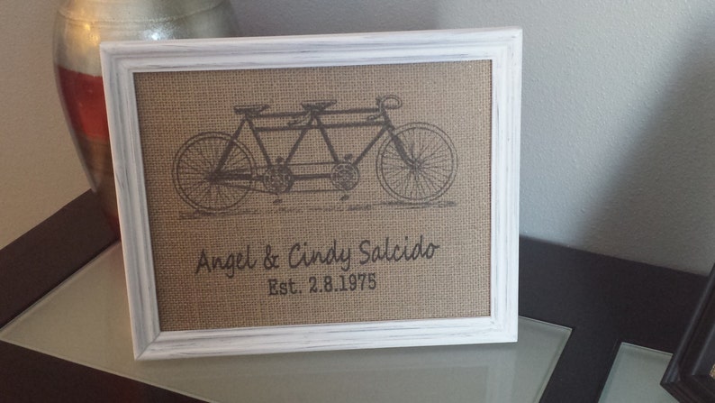 Tandem Bike Monogram with Name and Wedding Date Customizable Wedding 8x10 Burlap Frame Print Anniversary Personalized
