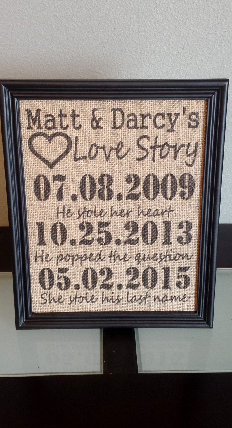Framed Burlap Print Important Date Frame Our Love Story Stole his last name Anniversary Customizable Dates Family 8x10 image 2