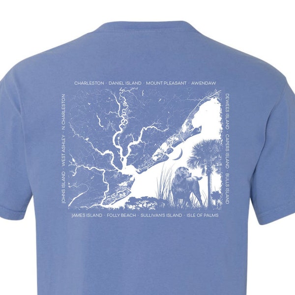 Coastal Map, Charleston, South Carolina, Marsh Dog, Lowcountry, Waterways,  Labrador Retriever, Lab, Palm, Moon, Garment Dye Soft T-shirt