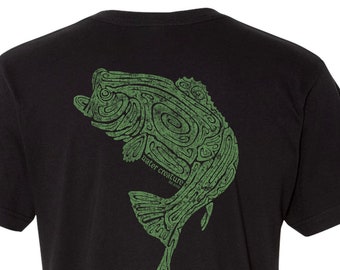 Water Creature - Largemouth Bass Fish Shirt - Hand Screen Printed - Men's Black Short Sleeve T-Shirt - Angler Shirt - Fishing