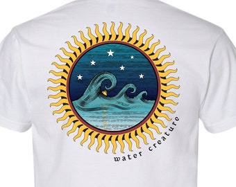 Sun, Stars, Waves, Water Creature Brand, White T-shirt, Beach, Surfing