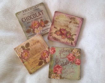 Ceramic Tile Coasters with Flowers, Beverage Coasters, Flower Coasters, Shabby Chic Coasters, Beer Coasters