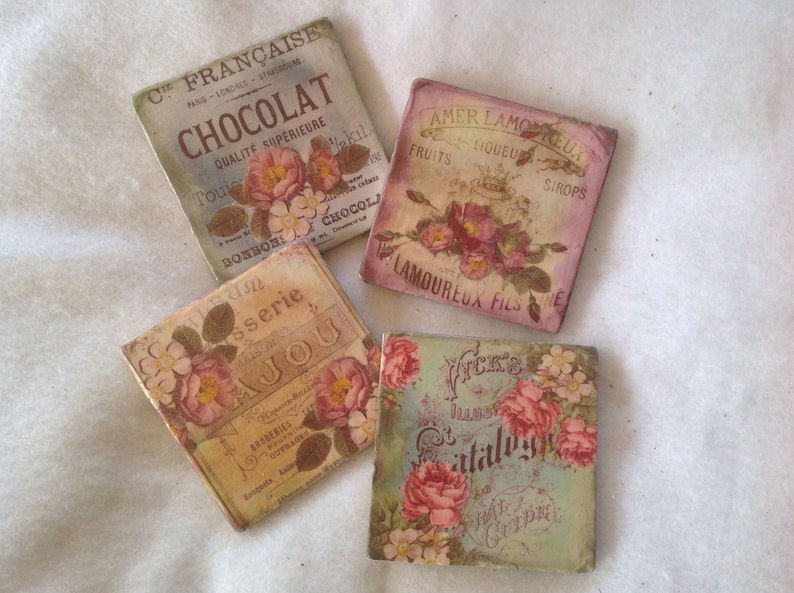 Ceramic Tile Coasters with Flowers, Beverage Coasters, Flower Coasters, Shabby Chic Coasters, Beer Coasters image 1