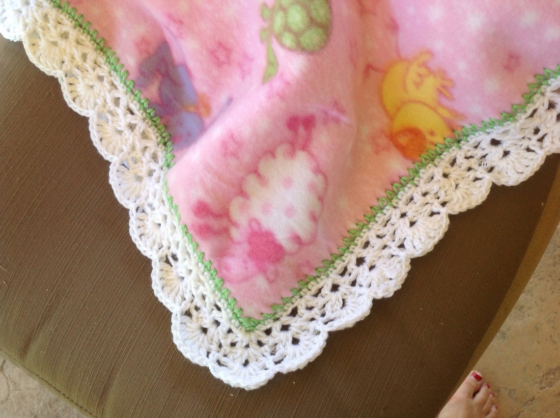 Pink Animal Fleece Nursery Blanket Crocheted Blanket Baby Etsy