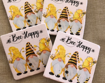 Bee Happy Gnome Ceramic Stone Coasters, Gnome Coasters, Square Coasters, Beverage Coasters, Home Decor