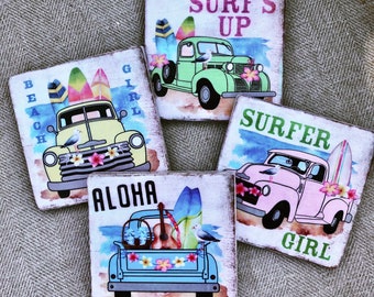 Natural Stone Vintage Truck Beach Themed Coasters, Square Coasters, Stone Coasters, Home Decor, Surfer Coasters