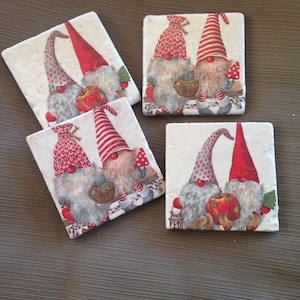 Natural Stone Gnome Christmas Coasters, Holiday Coasters, Beverage Coasters,  Square Coasters