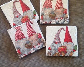 Natural Stone Gnome Christmas Coasters, Holiday Coasters, Beverage Coasters,  Square Coasters