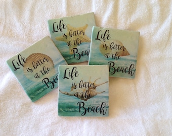 Natural Stone Beach Coasters, Beverage Coasters, Life is Better at the Beach Coasters, Beer Coasters, Home Decor