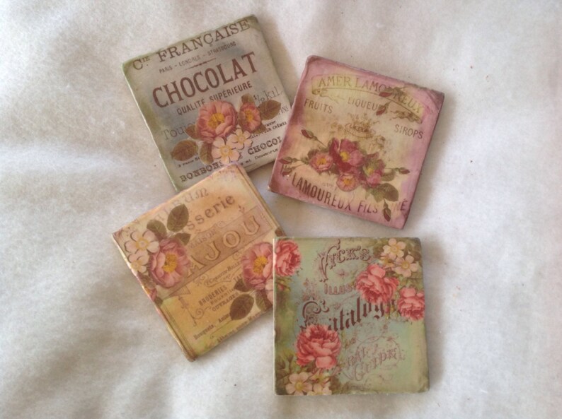 Ceramic Tile Coasters with Flowers, Beverage Coasters, Flower Coasters, Shabby Chic Coasters, Beer Coasters image 3