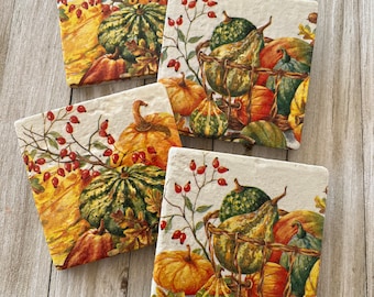 Natural Stone Pumpkin Coasters, Thanksgiving Coasters, Halloween Coasters, Beverage Coasters, Square Coasters