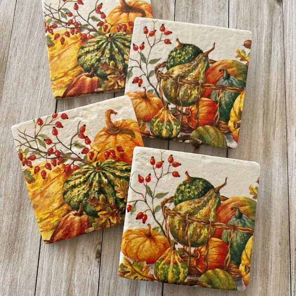 Natural Stone Pumpkin Coasters, Thanksgiving Coasters, Halloween Coasters, Beverage Coasters, Square Coasters